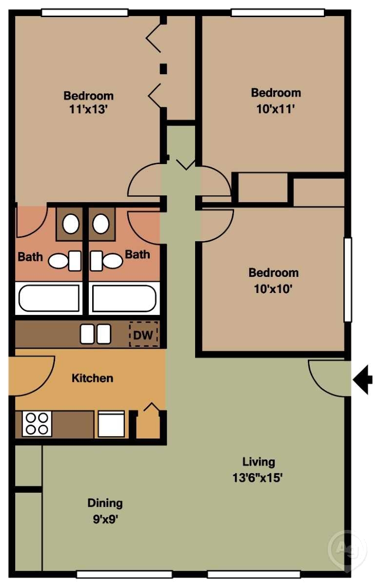 Floor plan for 3 beds, 2 baths, 1060 sqft